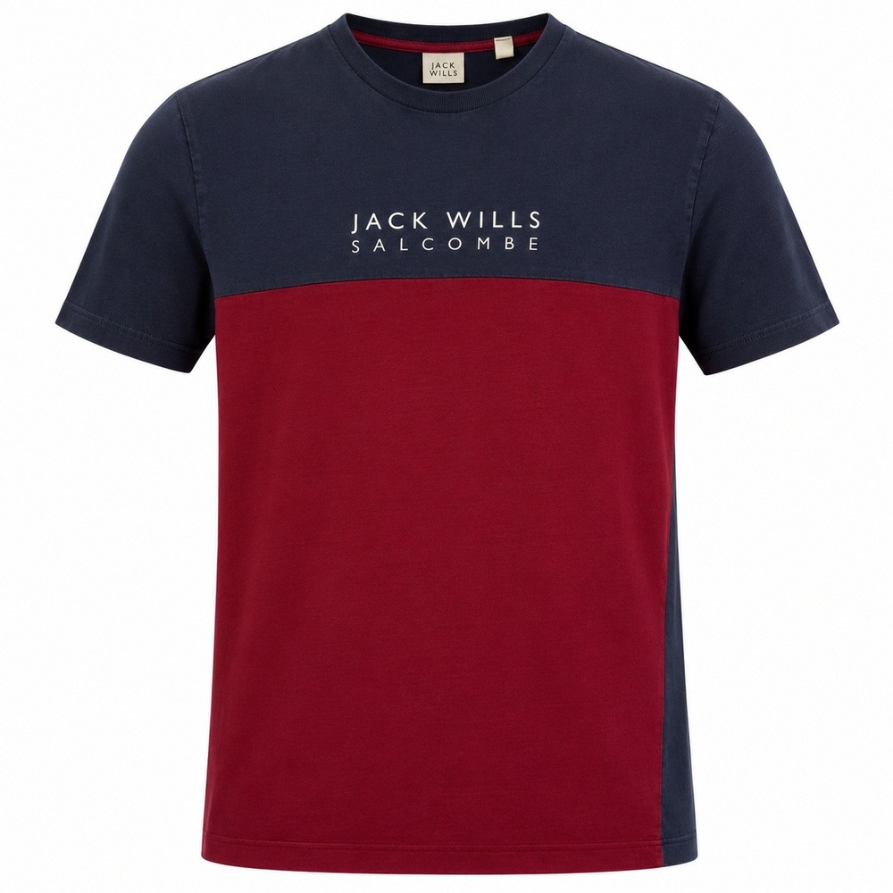 Jack Wills Salcombe Mens‎ Colorblock Graphic T-Shirt Navy Burgundy Cotton Size M